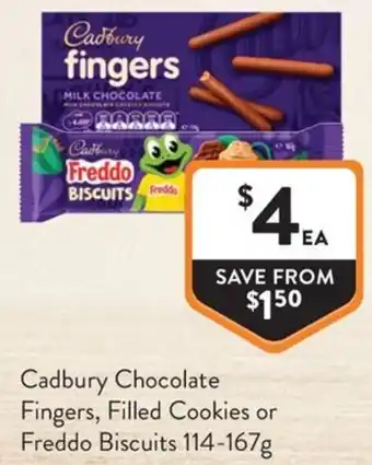 Cadbury Chocolate Fingers, Filled Cookies or Freddo Biscuits