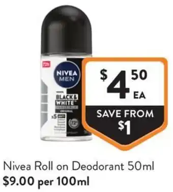 Foodworks Nivea Roll on Deodorant offer