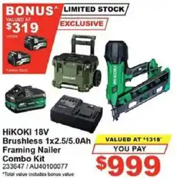 Total Tools HIKOKI 18V Brushless 1x2.5/5.0Ah Framing Nailer Combo Kit offer