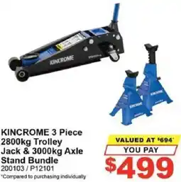 Total Tools KINCROME 3 Piece 2800kg Trolley Jack & 3000kg Axle Stand Bundle offer