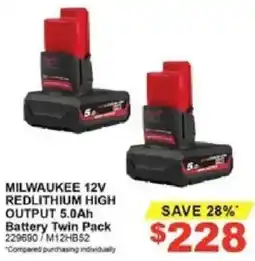 Total Tools MILWAUKEE 12V REDLITHIUM HIGH OUTPUT 5.0Ah Battery Twin Pack offer