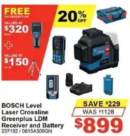 Total Tools BOSCH Level Laser Crossline Greenplus LDM Receiver and Battery offer