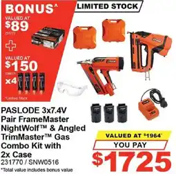 Total Tools PASLODE 3x7.4V Pair FrameMaster NightWolf & Angled TrimMaster M Gas Combo Kit with 2x Case offer