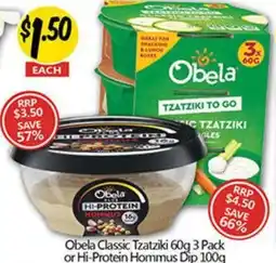 NQR Obela Classic Tzatziki 60g 3 Pack or Hi-Protein Hommus Dip offer