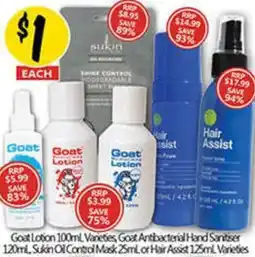 NQR Goat Lotion Varieties, Goat Antibacterial Hand Sanitiser, Sukin Oil Control Mask or Hair Assist Varietiesies offer