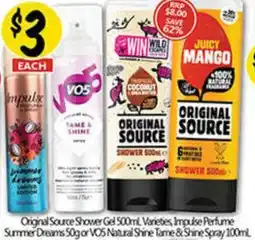 NQR Original Source Shower Gel Varieties Impulse Perfume Summer Dreams or VOS Natural Shine Tame & Shine Spray offer