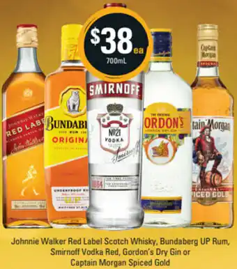 Cellarbrations Johnnie Walker Red Label Scotch Whisky, Bundaberg UP Rum, Smirnoff Vodka Red, Gordon's Dry Gin Or Captain Morgan Spiced Gold offer