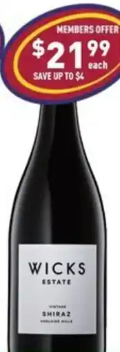 Liquor Legends Wicks estate shiraz & range offer