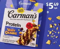 ALDI Carman's Violet Crumble Protein Bars 5pk offer