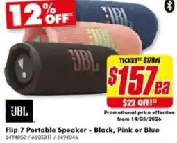 The Good Guys Flip 7 Portable Speaker - Black, Pink or Blue offer