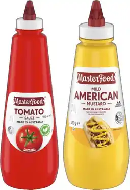 IGA MasterFoods Mild American Mustard 550g, Tomato or Barbecue Squeezy Sauce 920mL offer