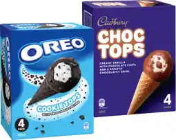 IGA Cadbury Choc Tops or Oreo Cookie Top Ice Cream Cones 4 Pack offer