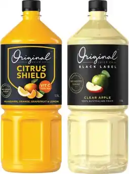 IGA NEW Original Juice Co. Black Label Clear Apple or Citrus Shield Juice 1.5 Litre offer
