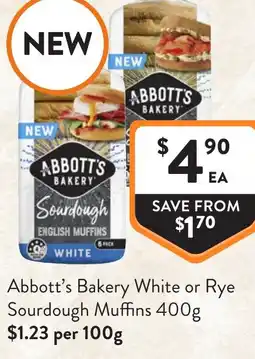 Foodworks Abbott's bakery white or rye sourdough muffins offer