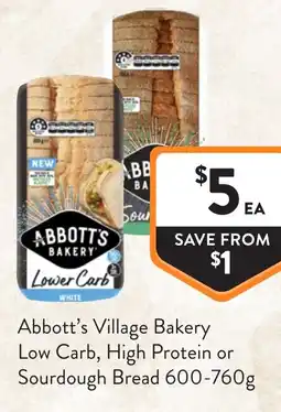Foodworks Abbott's village bakery low carb, high protein or sourdough bread offer
