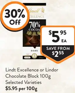 Foodworks Lindt excellence or lindor chocolate block offer