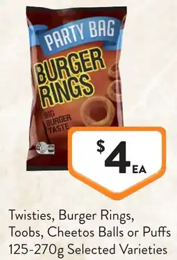 Foodworks Twisties, burger rings, toobs, cheetos balls or puffs offer