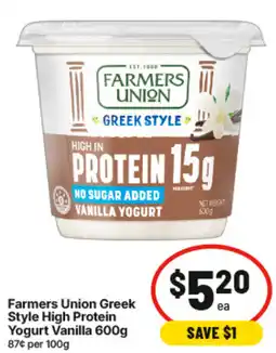 IGA Farmers Union Greek Style High Protein Yogurt Vanilla offer