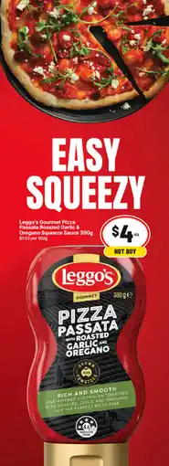IGA Leggos Gourmet Pizza Passata Roasted Garlic & Oregano Squeeze Sauce offer