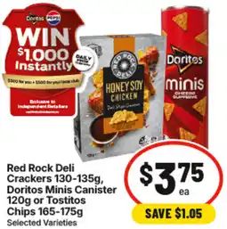 IGA Red Rock Deli Crackers Doritos Minis Canister or Tostitos Chips offer