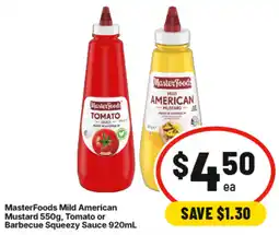 IGA MasterFoods Mild American Mustard Tomato or Barbecue Squeezy Sauce offer