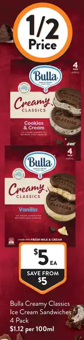 Foodworks Bulla Creamy Classics Ice Cream Sandwiches offer
