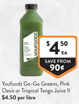 Foodworks Youfoodz Go-Go Greens, Pink Oasis or Tropical Tango Juice offer