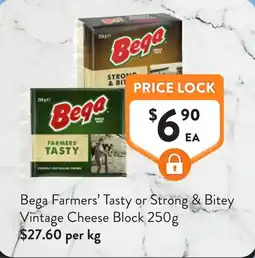 Foodworks Bega Farmers' Tasty or Strong & Bitey Vintage Cheese Block offer