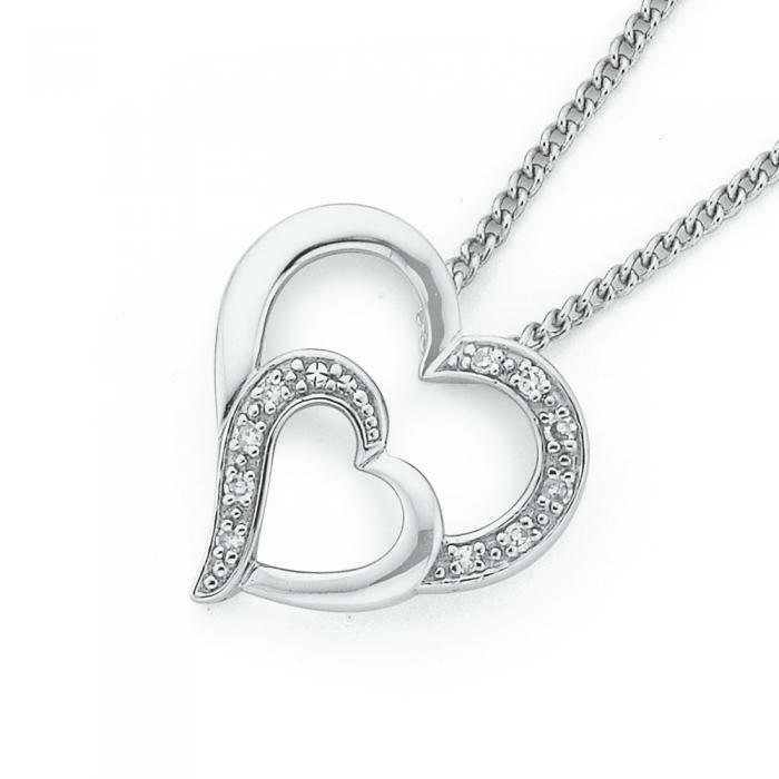 9ct White Gold Diamond Double Heart 