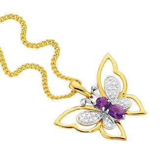 Angus & Coote 9ct Gold Amethyst & Diamond Butterfly Pendant offer