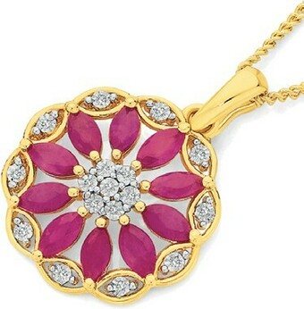 Angus & Coote 9ct Gold Natural Ruby & Diamond Wreath Flower Pendant offer