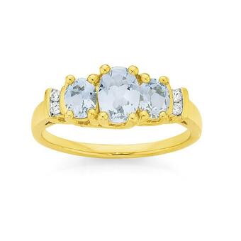 Angus & Coote 9ct Gold Aquamarine & Diamond Trilogy Ring offer