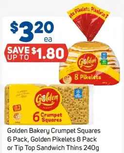 Foodland Golden Bakery Crumpet Squares Golden Pikelets or Tip Top Sandwich Thins offer