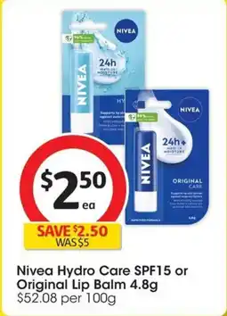 Coles Nivea Hydro Care SPF15 or Original Lip Balm offer