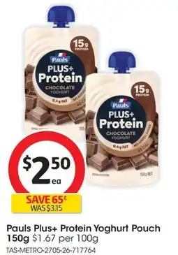 Coles Pauls Plus+ Protein Yoghurt Pouch offer