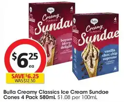 Coles Bulla Creamy Classics Ice Cream Sundae Cones offer