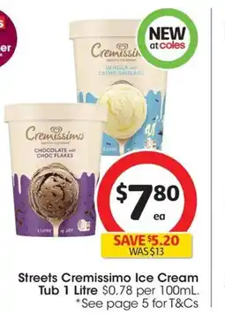 Coles Streets Cremissimo Ice Cream Tub offer