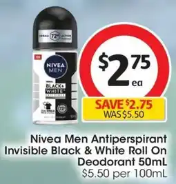 Coles Nivea Men Antiperspirant Invisible Black & White Roll On Deodorant offer