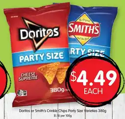 Spudshed Doritos or Smiths Crinkle Chips Party Size Varieties offer