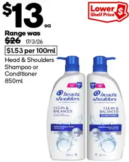 Woolworths Head & Shoulders Shampoo or Conditioner offer
