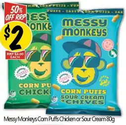 NQR Messy Monkeys Com Puffs Chicken or Sour Cream offer