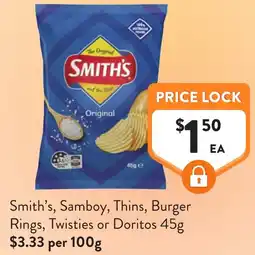 Foodworks Smiths Samboy Thins Burger Rings Twisties or Doritos offer