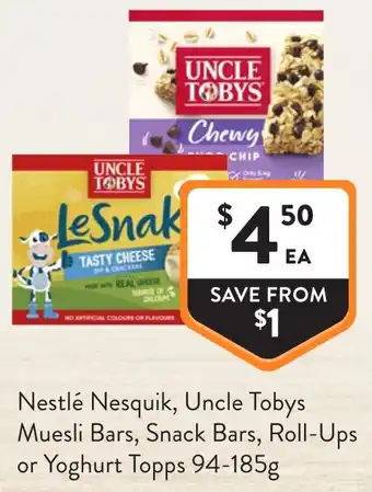Foodworks Nestlé Nesquik Uncle Tobys Muesli Bars Snack Bars Roll Ups or Yoghurt Topps offer