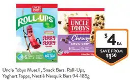 Foodworks Uncle Tobys Muesli, Snack Bars, Roll-Ups, Yoghurt Topps, Nestlé Nesquik Bars offer