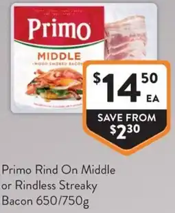 Foodworks Primo Rind On Middle or Rindless Streaky Bacon offer