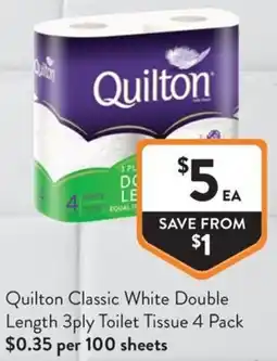 Foodworks Quilton Classic White Double Length 3ply Toilet Tissue offer