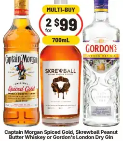 IGA Captain Morgan Spiced Gold, Skrewball Peanut Butter Whiskey or Gordon's London Dry Gin offer