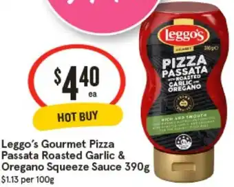 IGA Leggo's Gourmet Pizza Passata Roasted Garlic & Oregano Squeeze Sauce offer