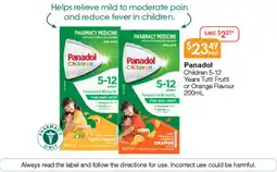 Soul Pattinson Chemist Panadol children 5-12 years tutti frutti or orange flavour offer