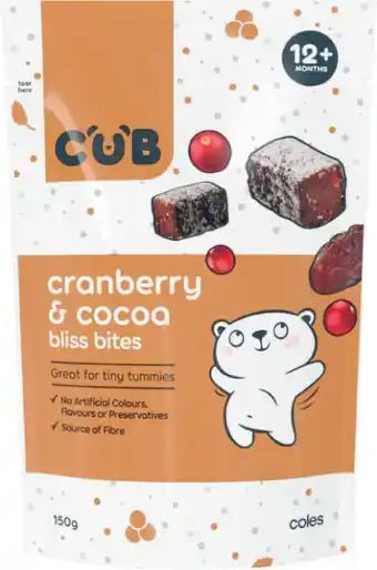 Coles CUB Cranberry & Cocoa Bliss Bites 150g offer